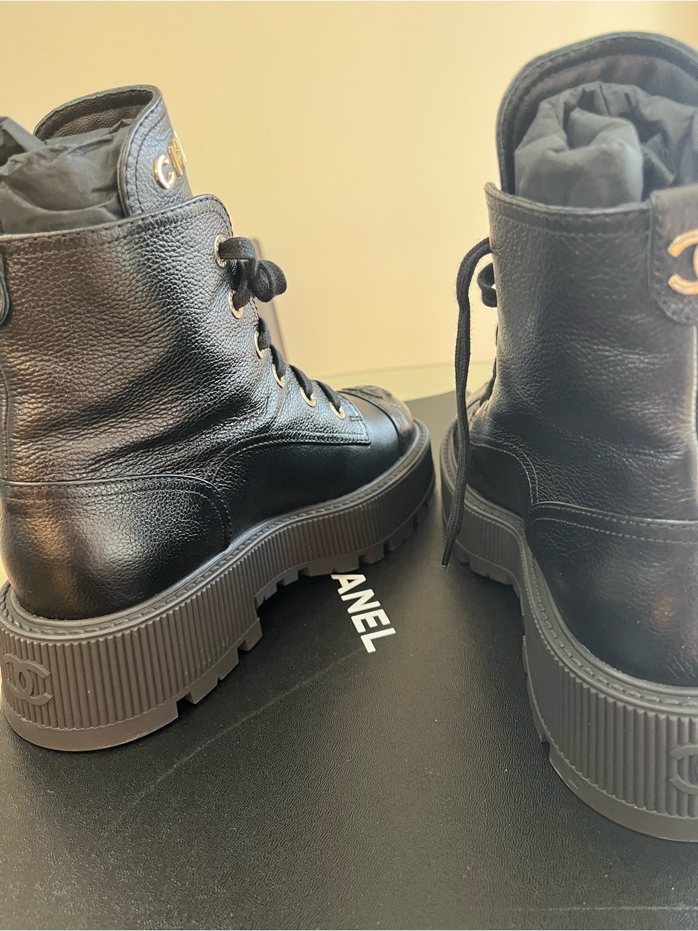 CHANEL Black Leather Lace-Up Platform Ankle Boots with Gold Logo - Picture 8 of 11